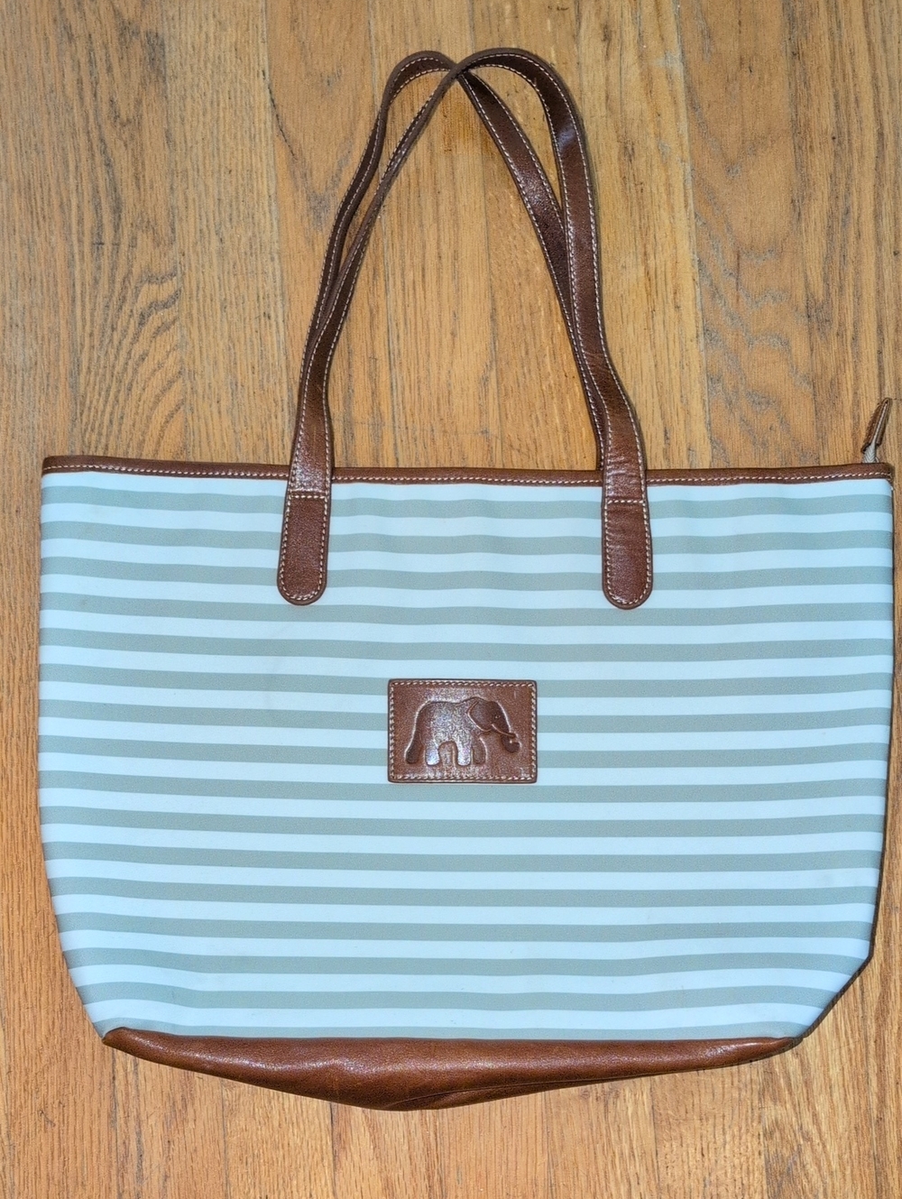 Striped Light Blue & White Tote with Brown Trim